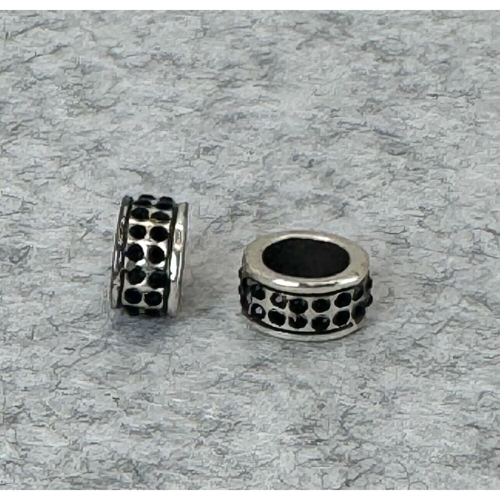 Brighton Oval Black Swarovski Crystal Bead Charm J9032C Silver Set of 2 RETIRED